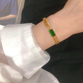Pulseira de Luxo em Aço Inoxidável com Zircão Esmeralda