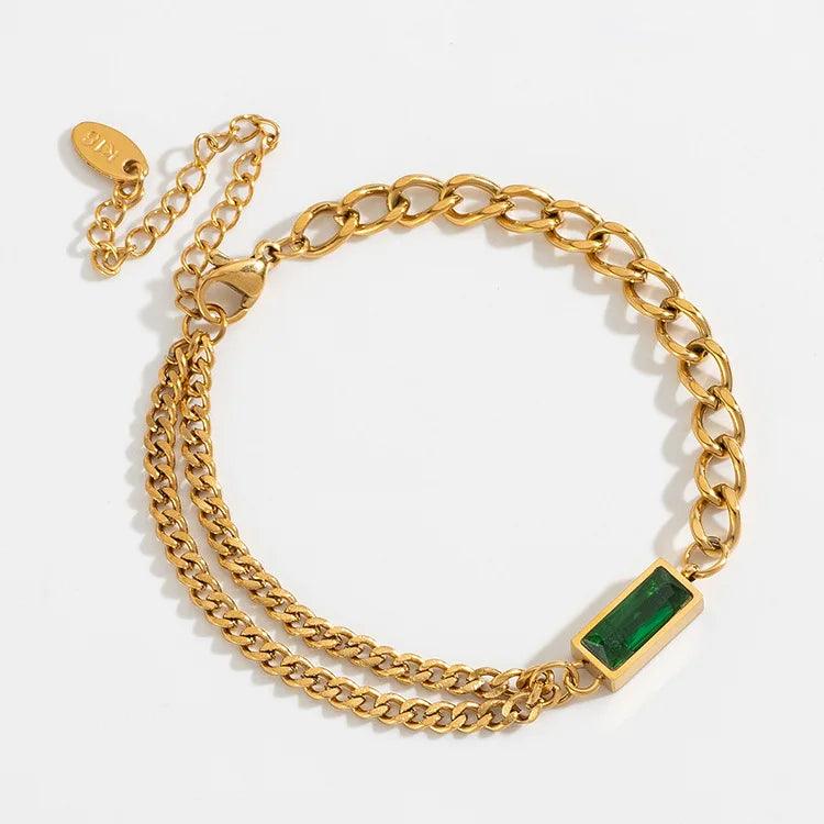 Pulseira de Luxo em Aço Inoxidável com Zircão Esmeralda