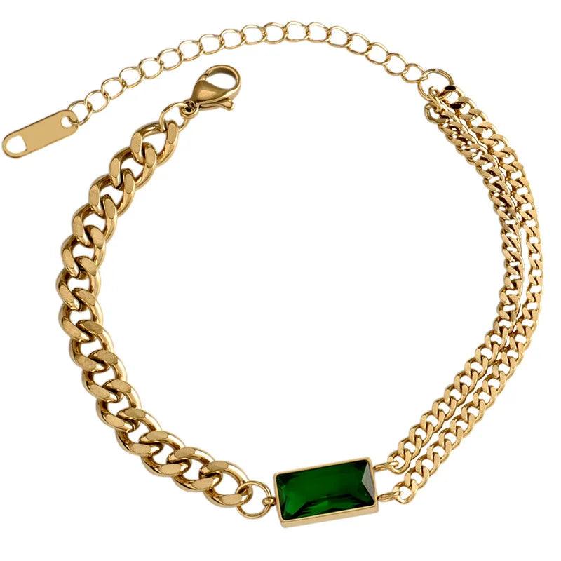 Pulseira de Luxo em Aço Inoxidável com Zircão Esmeralda