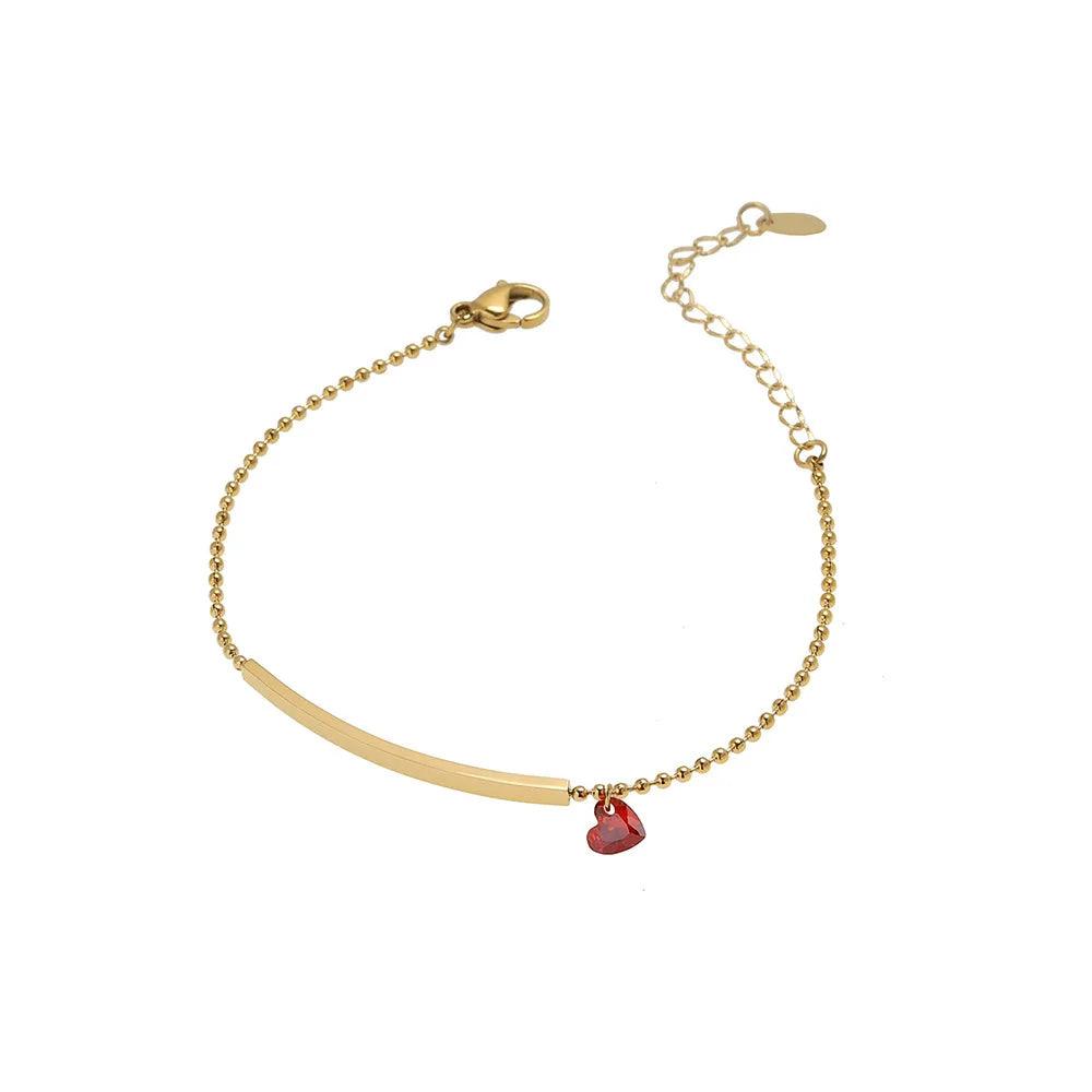 Pulseira Elegante com Coração de Zircão Vermelho em Aço Inoxidável